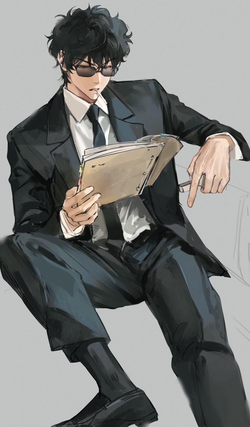 1boy, absurdres, black_hair, black_necktie, black_pants, black_shoes, black_suit, bolin_jiazi_gu, cigarette, collared_shirt, commentary_request, formal_clothes, grey_background, highres, holding, holding_lighter, holding_notebook, jacket, lapels, lighter, male_focus, matsuda_jinpei, meitantei_conan, mouth_hold, necktie, notched_lapels, notebook, open_clothes, open_jacket, pants, reading, shirt, shoes, short_hair, simple_background, solo, suit, suit_jacket, sunglasses, white_shirt