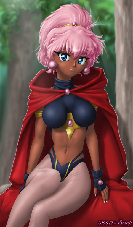 1990s_(style), 1girl, blue_eyes, breasts, caldina, cape, dark_skin, dark-skinned_female, earrings, female_focus, fingerless_gloves, gloves, jewelry, large_breasts, lots_of_jewelry, magic_knight_rayearth, midriff, nail_polish, outdoors, pink_hair, ponytail, retro_artstyle, sasaji_(artist), sitting, solo, tree