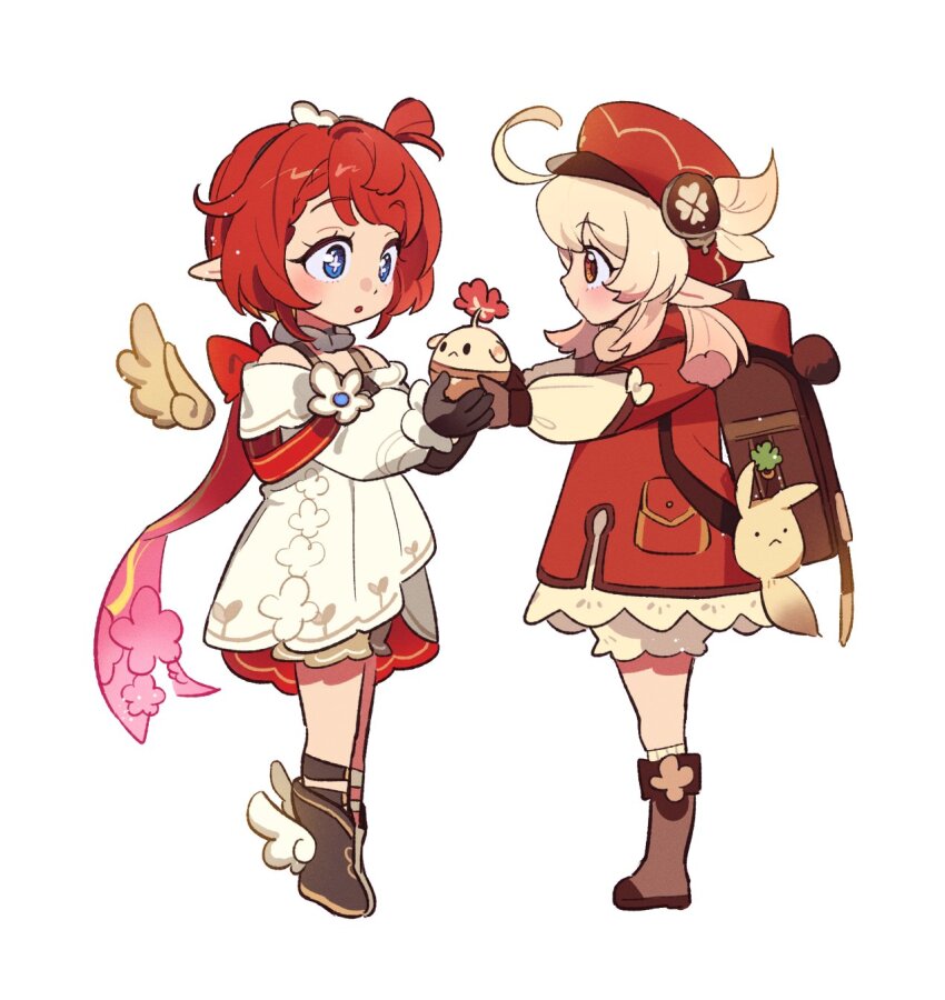 2girls, :o, ahoge, backpack, bag, bag_charm, black_gloves, blonde_hair, bloomers, blue_eyes, blush, bomb, boots, bow, braid, braided_bangs, brown_bag, brown_boots, brown_gloves, newsboy_cap, charm_(object), closed_mouth, clover_print, coat, commentary_request, cross-shaped_pupils, detached_collar, detached_sleeves, dodo_t, dodoco_(genshin_impact), dress, explosive, eyelashes, feathered_wings, genshin_impact, gloves, hair_between_eyes, hat, hat_feather, highres, holding, holding_bomb, honkai:_star_rail, honkai_(series), jumpy_dumpty, klee_(genshin_impact), korean_commentary, long_hair, long_sleeves, looking_at_another, low_twintails, mihoyo, multiple_girls, open_mouth, outstretched_arms, pointy_ears, profile, randoseru, red_bow, red_coat, red_eyes, red_hair, red_hat, short_hair, sidelocks, simple_background, single_braid, smile, standing, symbol-shaped_pupils, topknot, tribbie_(honkai:_star_rail), twintails, underwear, white_background, white_bloomers, white_bow, white_dress, white_sleeves, winged_boots, wings