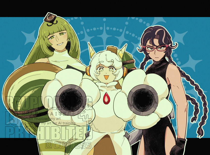 3girls, bodysuit, choco_drizzle_cookie, cookie_run, cookie_run:_kingdom, cugrass, dress, gloves