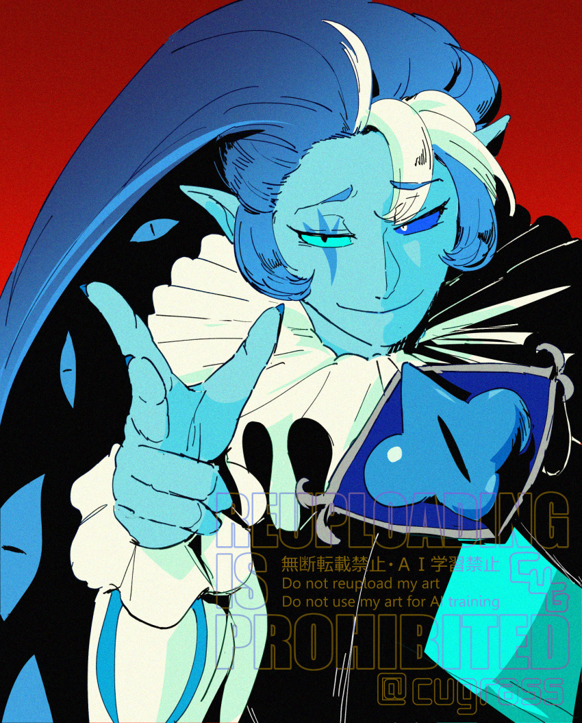 1boy, blue_eyes, blue_hat, blue_skin, brooch, colored_skin, cookie_run, cookie_run:_kingdom