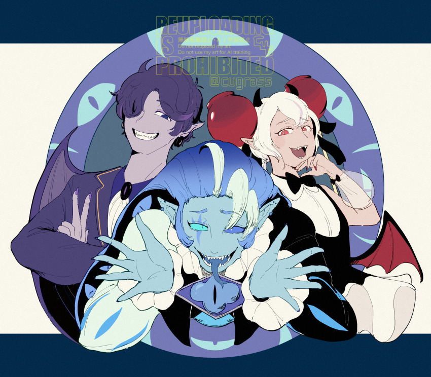 1girl, 2boys, ascot, black_eyes, black_hair, black_sapphire_cookie, black_shirt, blue_eyes