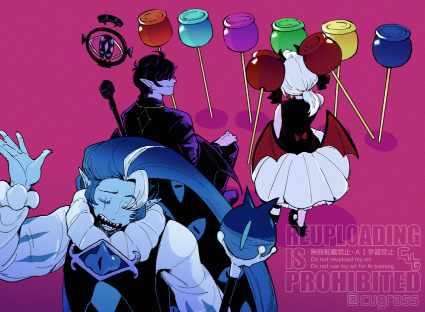 1girl, 2boys, back, black_sapphire_cookie, blue_eyes, blue_skin, candy_apple, candy_apple_cookie