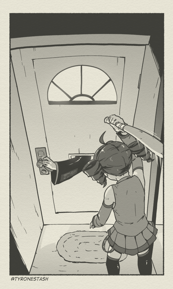 2girls, ahoge, baseball_bat, border, detached_sleeves, door, drill_hair, hatsune_miku