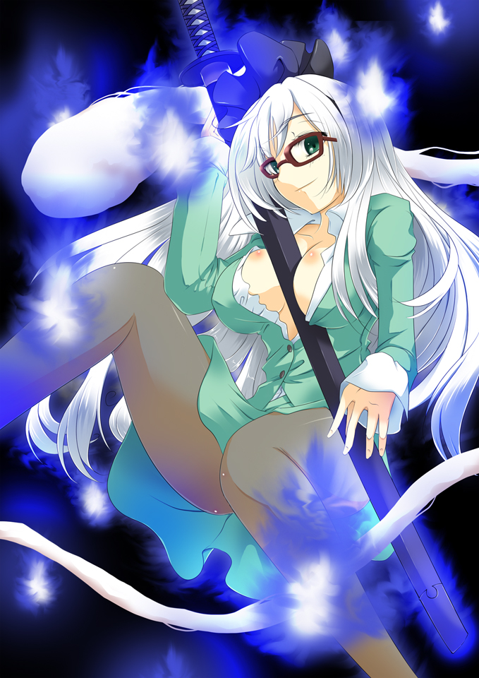 1girl, adapted_costume, alternate_hairstyle, bespectacled, blush, breasts, cleavage, dress_shirt
