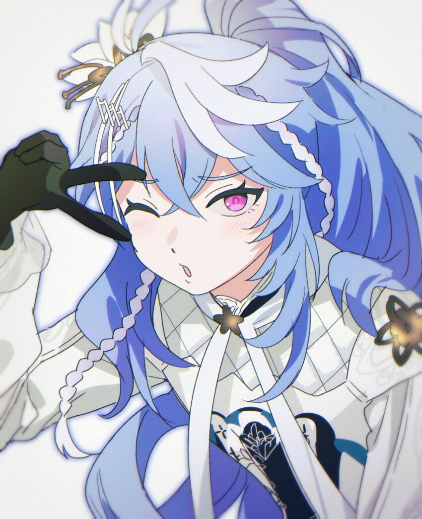 1boy, androgynous, black_gloves, blue_hair, braid, eyelashes, gloves, hair_between_eyes, hair_ornament, hairpin, high_ponytail, highres, holostars, holostars_english, long_hair, looking_at_viewer, male_focus, multicolored_hair, multiple_braids, octavio, octavio_(2nd_costume), one_eye_closed, open_mouth, pink_eyes, ponytail, portrait, ribbon, side_braids, solo, tom_8b, very_long_hair, virtual_youtuber, white_background, white_hair