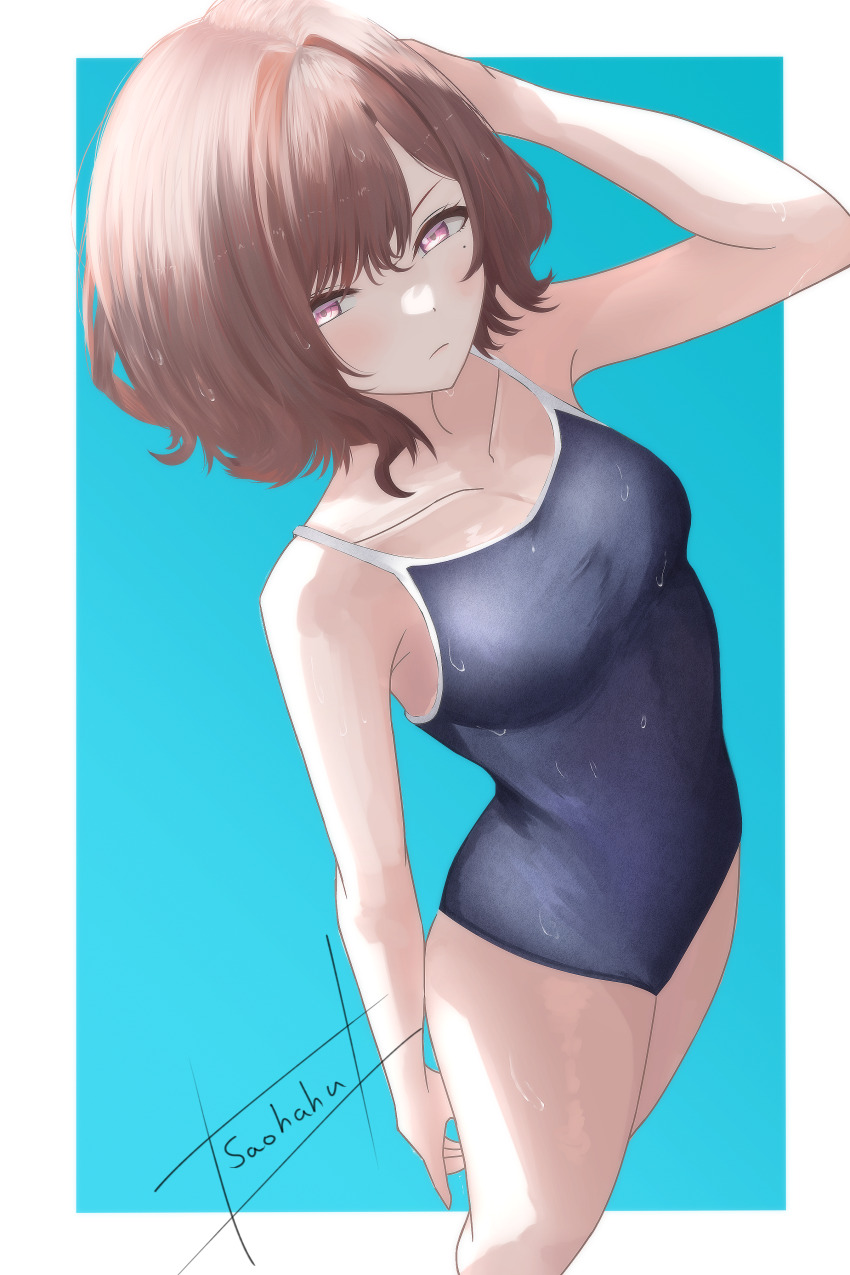 1girl, absurdres, blue_background, blue_one-piece_swimsuit, border, brown_hair, competition_school_swimsuit, highres, higuchi_madoka, idolmaster, idolmaster_shiny_colors, looking_at_viewer, mole, mole_under_eye, one-piece_swimsuit, purple_eyes, saohahu, school_swimsuit, short_hair, solo, standing, swept_bangs, swimsuit, two-tone_background, wet, wet_clothes, wet_swimsuit, white_border