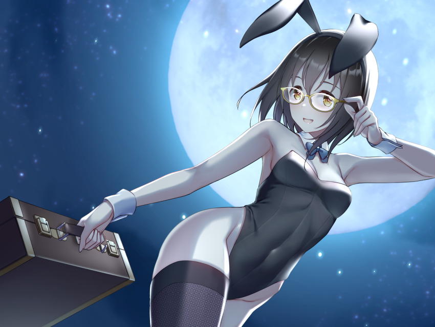 1girl, adjusting_eyewear, animal_ears, briefcase, brown_hair, glasses, highres, holding