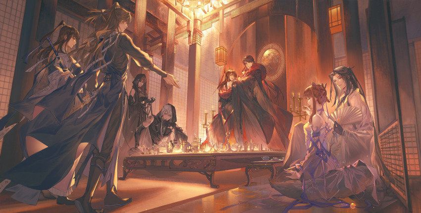 4boys, 4girls, bai_qi_(love_and_producer), black_hair, brown_hair, candle, cape, chinese_clothes