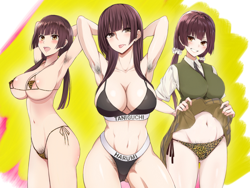 1girl, animal_print, armpit_hair, arms_behind_head, black_bra, black_necktie, black_panties, blunt_sidelocks