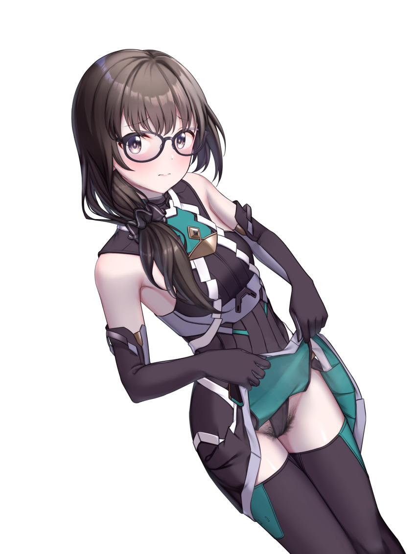 1girl, alice_gear_aegis, black-framed_eyewear, brown_hair, clothes_lift, female_pubic_hair, garyu_emi, glasses