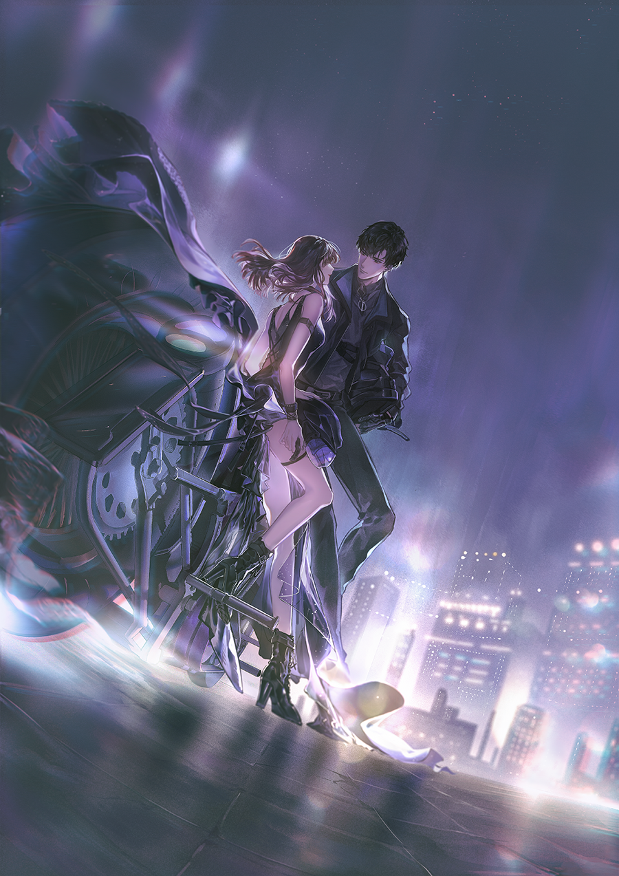 1boy, 1girl, backless_outfit, black_dress, black_hair, black_jacket, black_pants, boots