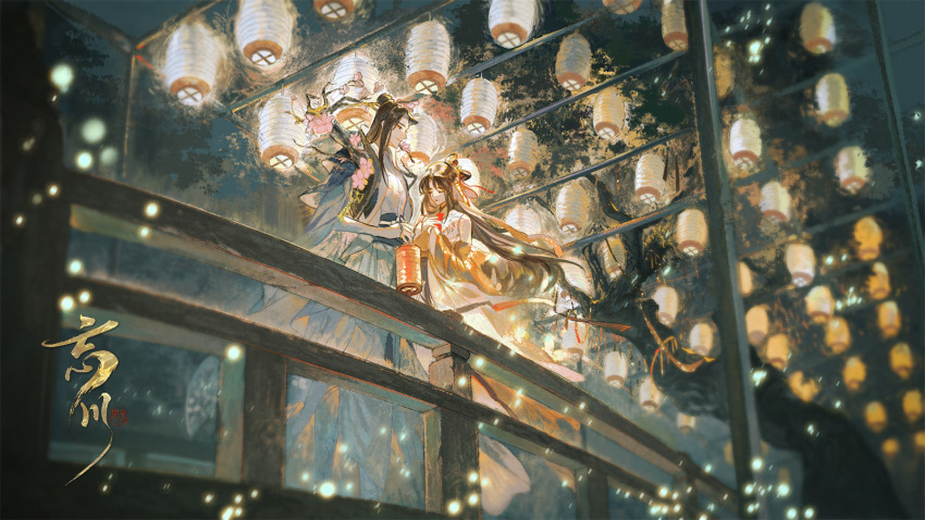 1boy, 1girl, black_hair, blurry, brown_hair, chinese_clothes, copyright_name, dress