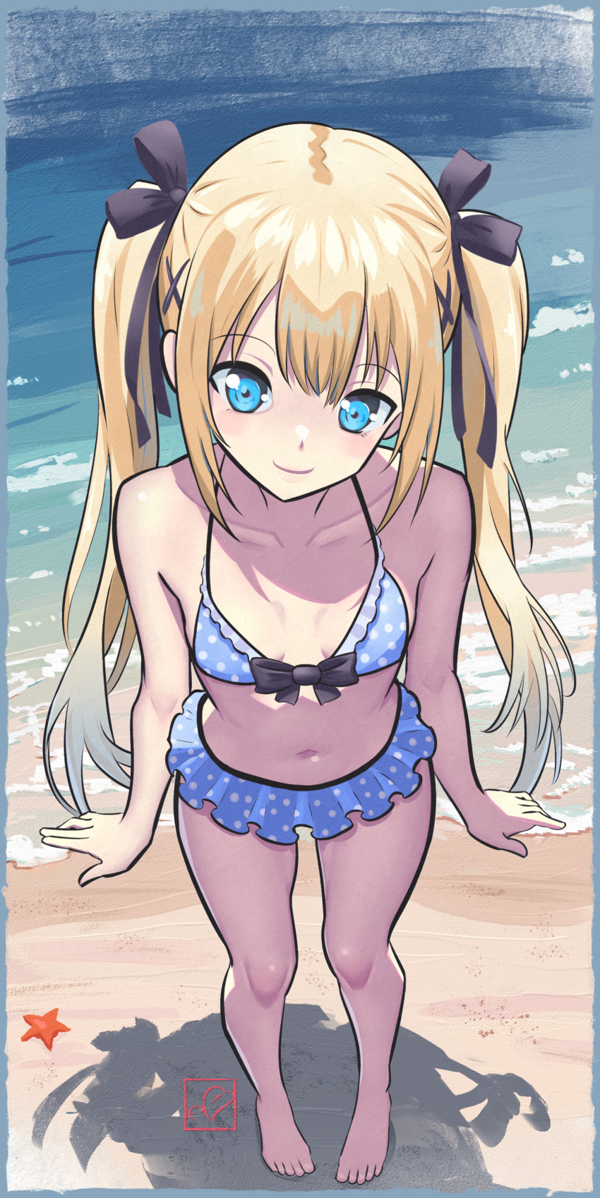 1girl, absurdres, barefoot, beach, bikini, blonde_hair, blue_bikini, blue_eyes, breasts, cleavage, dead_or_alive, elementary_(lolipope), feet, female_focus, frilled_bikini, frills, full_body, hair_ribbon, highres, long_hair, marie_rose, navel, ocean, outdoors, petite, polka_dot, polka_dot_bikini, ribbon, sand, sidelocks, small_breasts, smile, solo, standing, starfish, swimsuit, team_ninja, tecmo, twintails, very_long_hair, water