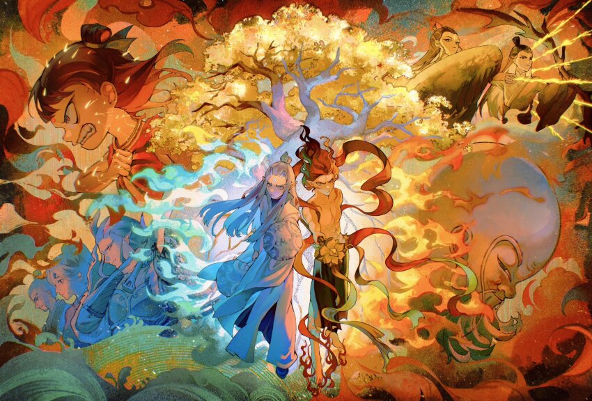 2girls, 6+boys, ao_bing_(nezha_zhi_motong_jiangshi), ao_guang_(nezha_zhi_motong_jiangshi), armor, arrow_(symbol), bald, barefoot, beard, bird_wings, black_hair, black_pants, blue_eyes, blue_fire, blue_hair, body_markings, bow_(weapon), chinese_clothes, clenched_teeth, closed_mouth, commentary, dragon, drawing_bow, eastern_dragon, english_commentary, facial_hair, facial_mark, fire, flame_print, forehead_mark, from_side, full_body, furrowed_brow, gold_choker, hair_bun, hair_ribbon, hanfu, hetong_(nezha_zhi_motong_jiangshi), high_ponytail, highres, holding, holding_bow_(weapon), holding_polearm, holding_sword, holding_weapon, jiuminene, lady_yin_(nezha_zhi_motong_jiangshi), li_jing_(nezha_zhi_motong_jiangshi), long_earlobes, long_sleeves, looking_at_viewer, lutong_(nezha_zhi_motong_jiangshi), multiple_boys, multiple_girls, nezha_(nezha_zhi_motong_jiangshi), nezha_zhi_motong_jiangshi, pants, pointy_ears, polearm, ponytail, red_eyes, red_ribbon, red_vest, ribbon, shoulder_armor, single_hair_bun, smile, spear, sword, teeth, topless_male, tree, vest, weapon, white_hanfu, wide_sleeves, wings, wuliang_(nezha_zhi_motong_jiangshi), xiao_guan_(headdress), yellow_hanfu