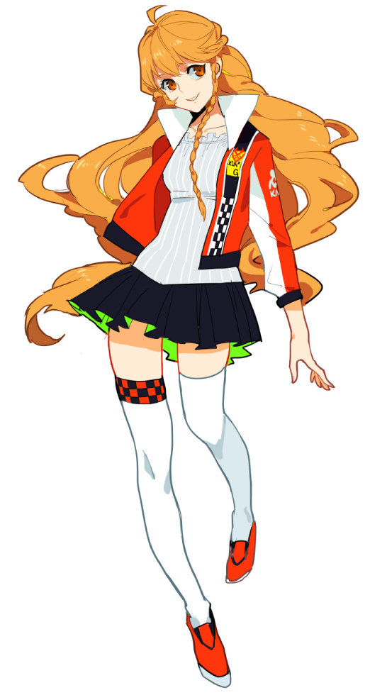 1girl, ahoge, black_skirt, brown_eyes, choker, full_body, jacket, jewelry