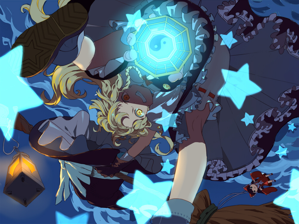 2girls, apron, blonde_hair, bloomers, bow, braid, broom, broom_riding