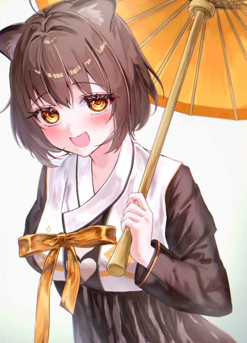 1girl, :d, absurdres, animal_ear_fluff, animal_ears, black_hanbok, blush, breasts