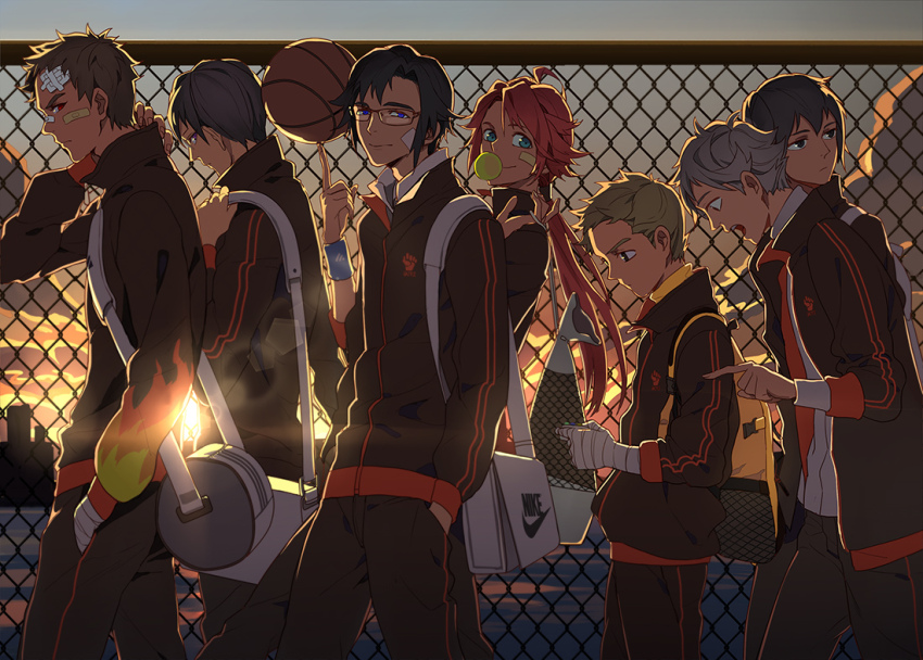 6+boys, bag, bai_yanfei, ball, bandaid, bandaid_on_face, basketball_(object), black_hair, blonde_hair, blue_eyes, brown_hair, chain-link_fence, fence, glasses, green_eyes, grey_hair, han_wenqing, holding, holding_ball, jacket, jokerplaner, lin_jingyan, long_hair, male_focus, multiple_boys, ponytail, purple_eyes, qin_muyun, quan_zhi_gao_shou, racket, red_hair, school_uniform, song_qiying, sunset, zhang_jiale, zhang_xinjie