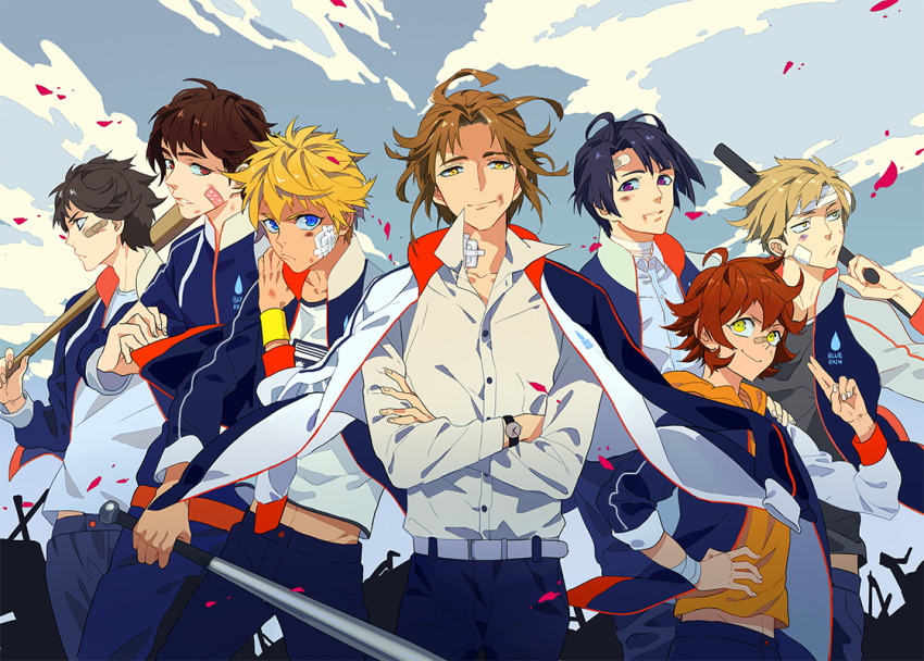 6+boys, bandage_on_face, bandages, bandaid, bandaid_on_face, baseball_bat, belt, black_hair, blonde_hair, blue_eyes, blue_hair, brown_hair, cloud, crossed_arms, day, glasses, green_eyes, hand_on_own_hip, holding, holding_baseball_bat, hood, huang_shaotian, jacket, jewelry, jokerplaner, li_yuan, looking_at_viewer, lu_hanwen, male_focus, multiple_boys, open_clothes, open_jacket, over_shoulder, pants, purple_eyes, quan_zhi_gao_shou, school_uniform, shirt, sky, smile, song_xiao, weapon, xu_jingxi, yellow_eyes, yu_wenzhou, zheng_xuan