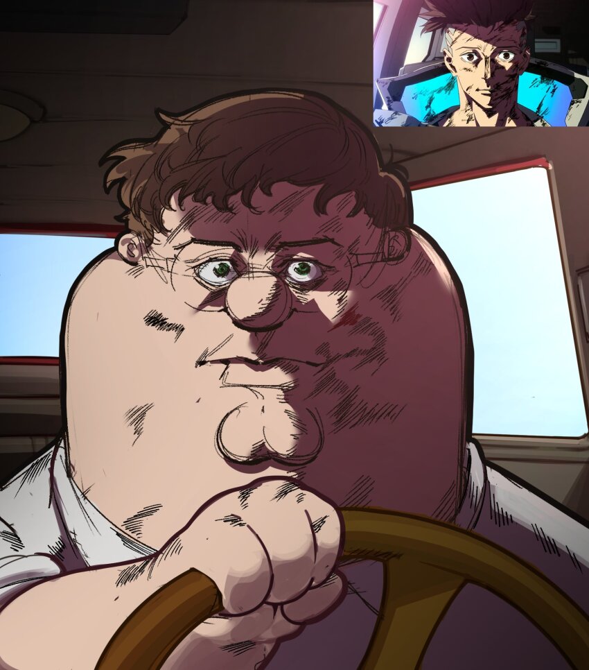 1boy, anime_screenshot_inset, brown_hair, car_interior, cleft_chin, commentary, cyberpunk_(series), cyberpunk:_edgerunners