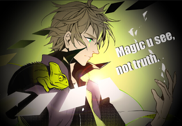 1boy, animal, brown_hair, english_text, glowing, green_eyes, high_collar, jacket