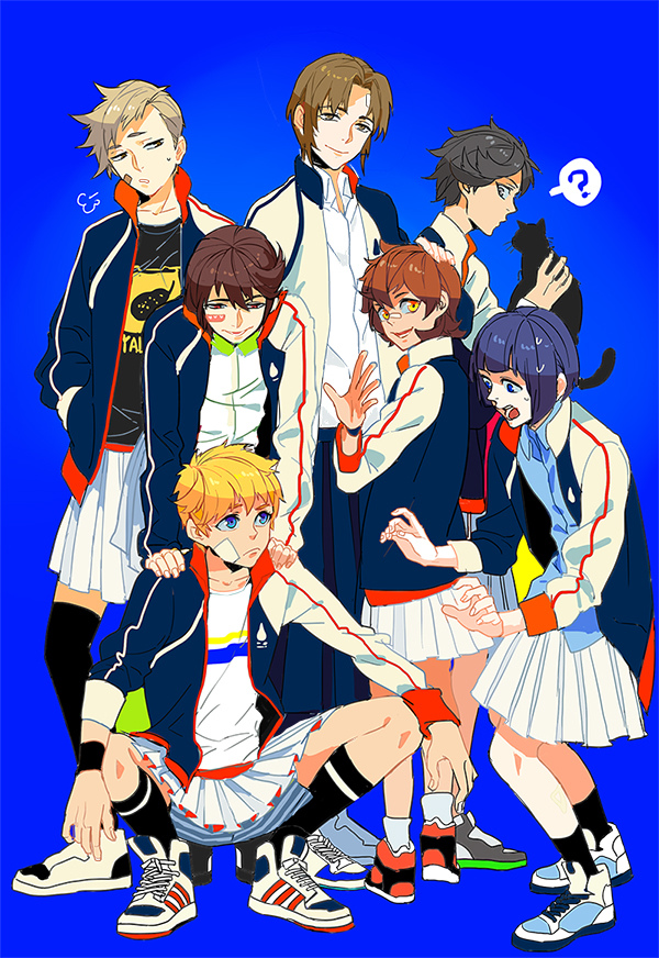 !, 6+boys, ?, black_cat, black_hair, blonde_hair, blue_background, blue_eyes