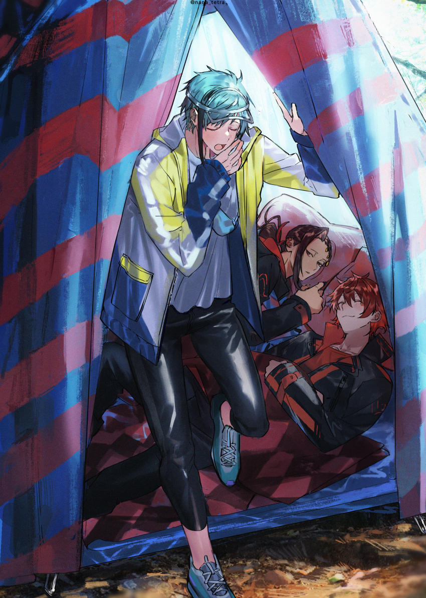 3boys, absurdres, ace_trappola, aqua_hair, bag, black_hair, black_jacket, black_pants, blush, brown_eyes, brown_hair, camping, closed_eyes, collarbone, commentary_request, covering_own_mouth, dark-skinned_male, dark_skin, floyd_leech, floyd_leech_(outdoor_wear), full_body, hair_between_eyes, hair_ornament, hand_over_own_mouth, highres, hood, hooded_jacket, jacket, jamil_viper, looking_at_another, lying, male_focus, medium_hair, multicolored_hair, multicolored_jacket, multiple_boys, nana_tetra, on_back, on_side, open_clothes, open_jacket, open_mouth, pants, parted_lips, ponytail, red_hair, red_shirt, shirt, shoes, short_hair, shoulder_bag, single_sidelock, sleeping, smile, sneakers, standing, streaked_hair, tent, twisted_wonderland, twitter_username, two-tone_hair, under_covers, white_shirt