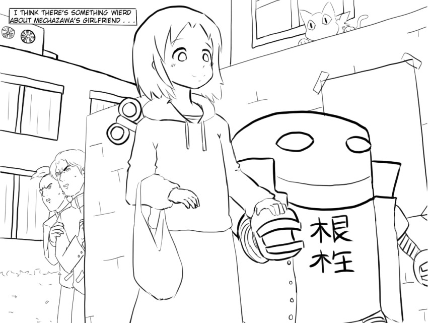 00s, 1girl, 2boys, animal_ears, bag, black_cat, blush, cat, clothes_writing, crossover, drawfag, english_text, greyscale, hayashida_shinjirou, holding_hands, hood, hoodie, kamiyama_takashi, latenight, mechazawa_shin'ichi, monochrome, multiple_boys, nichijou, non-web_source, ranguage, robot, sakamoto_(nichijou), sakigake!!_cromartie_koukou, scarf, school_uniform, shinonome_nano, smile, sweatdrop, tail, tokisadame_school_uniform, typo, winding_key