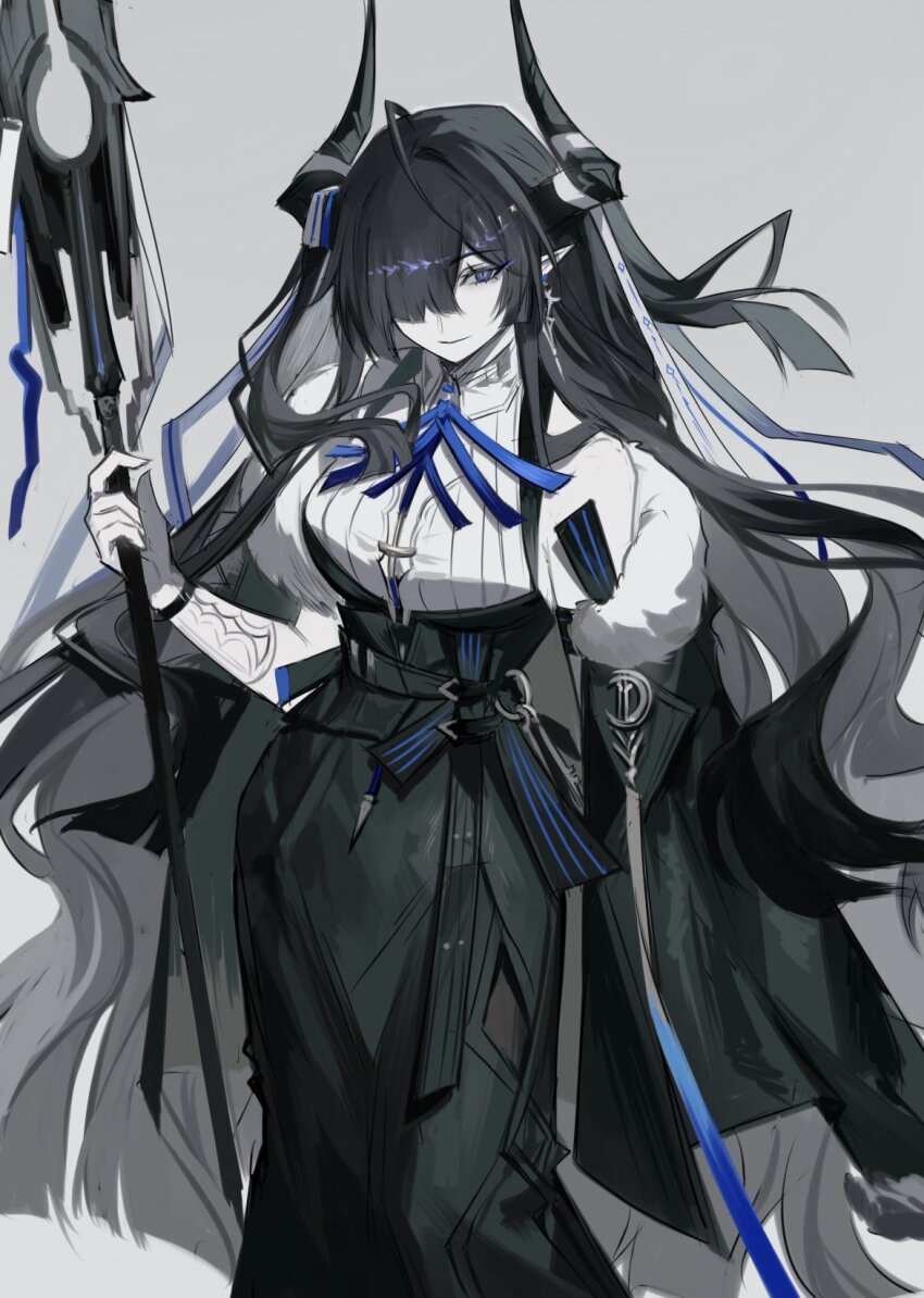 1girl, ahoge, arknights, black_hair, black_skirt, breasts, cowboy_shot, demon_horns