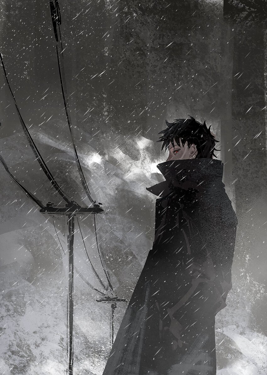 1boy, black_hair, coat, covered_mouth, from_behind, hands_in_pockets, highres, kagurabachi, limited_palette, ling_910210, looking_at_viewer, looking_back, male_focus, outdoors, popped_collar, red_eyes, rokuhira_chihiro, scar, scar_on_face, short_hair, snow, solo, utility_pole