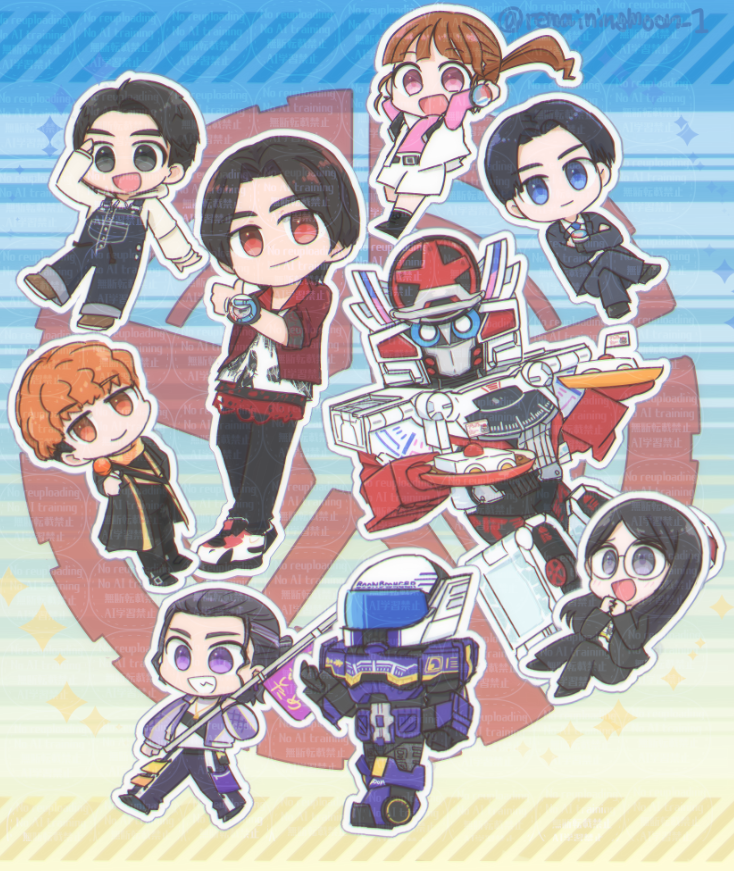 2girls, akuse_jou, bakuage_sentai_boonboomger, black_hair, blue_eyes, boonboom_changer, brown_hair, bundorio_bunderas