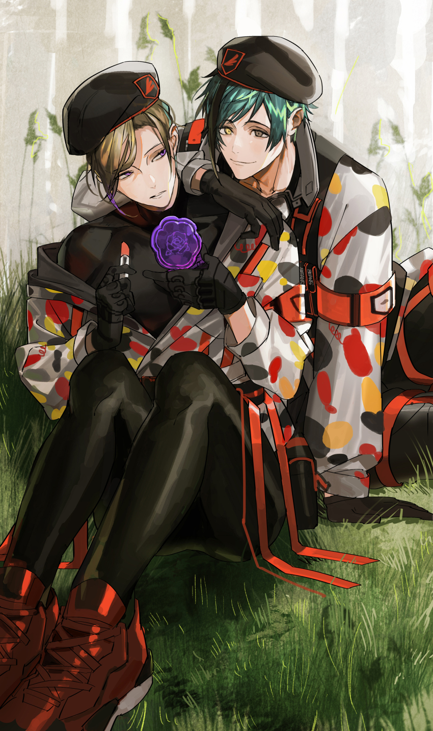 2boys, absurdres, aqua_hair, arm_on_another's_shoulder, black_bodysuit, black_gloves, black_hair, black_hat, blonde_hair, bodysuit, collarbone, commentary_request, cosmetics, covered_collarbone, floyd_leech, floyd_leech_(beans_camo), full_body, gloves, grass, hat, highres, holding, holding_lipstick_tube, japanese_clothes, kimono, knees_up, lipstick_tube, looking_at_another, male_focus, multicolored_hair, multiple_boys, nana_tetra, on_ground, outdoors, purple_eyes, purple_hair, short_hair, sitting, smile, snack, streaked_hair, twisted_wonderland, two-tone_hair, upper_body, vil_schoenheit, vil_schoenheit_(beans_camo), yellow_eyes