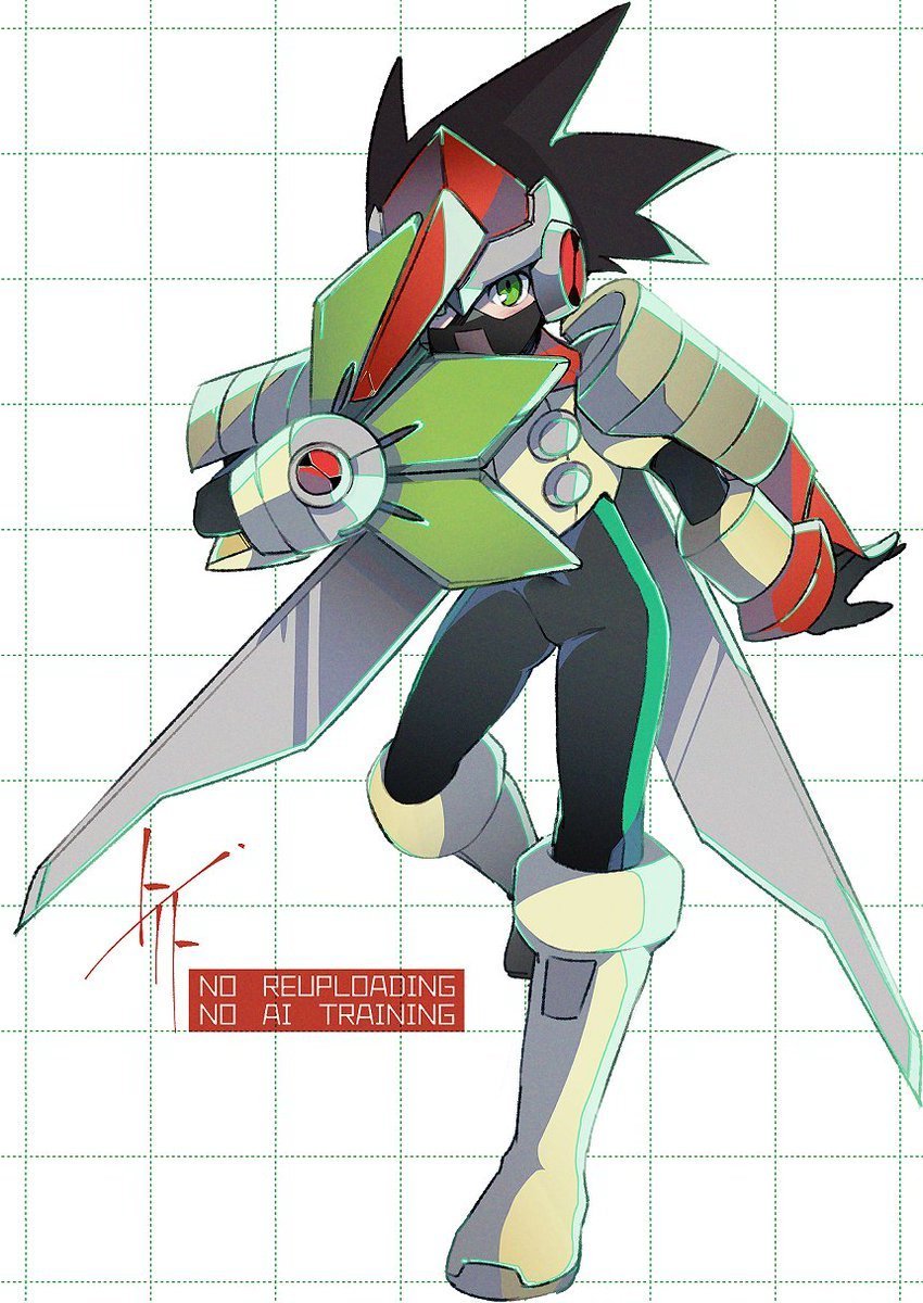 1boy, black_hair, bodysuit, double_soul_(mega_man), english_text, full_body, green_bodysuit, green_eyes