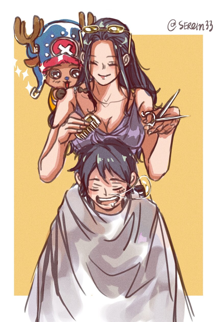 1girl, 2boys, ^_^, antlers, black_hair, blue_nose, border, closed_eyes