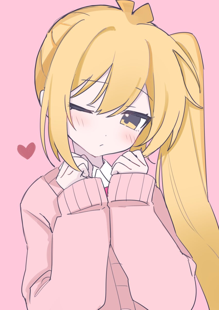 1girl, absurdres, akita_neru, antenna_hair, blonde_hair, blush, closed_mouth, hair_between_eyes
