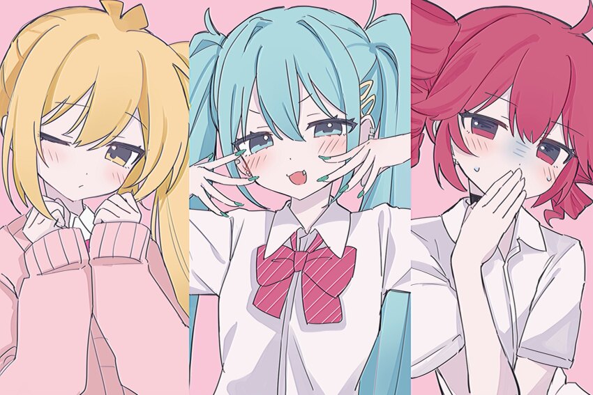 3girls, absurdres, ahoge, akita_neru, antenna_hair, black_choker, blonde_hair, blue_eyes, blue_hair, blue_nails, blush, choker, closed_mouth, collared_shirt, double-parted_bangs, drill_hair, fang, fingernails, hair_between_eyes, hand_up, hands_up, hatsune_miku, heart, highres, kasane_teto, long_hair, looking_at_viewer, multiple_girls, one_eye_closed, open_mouth, pink_background, pink_sweater, pinstripe_pattern, pinstripe_shirt, red_eyes, red_shirt, shirt, short_sleeves, side_ponytail, simple_background, sweat, sweater, triple_baka_(vocaloid), triple_ryuunen, twin_drills, twintails, upper_body, utau, vocaloid, white_shirt, wing_collar, yellow_eyes, yukia_1128, zako_(vocaloid)