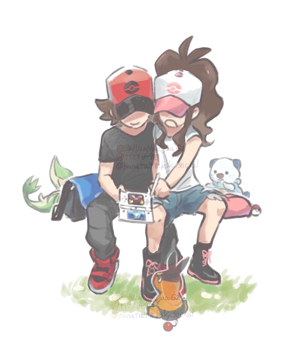 1boy, 1girl, boots, brown_hair, closed_mouth, commentary, gen_5_pokemon, handheld_game_console