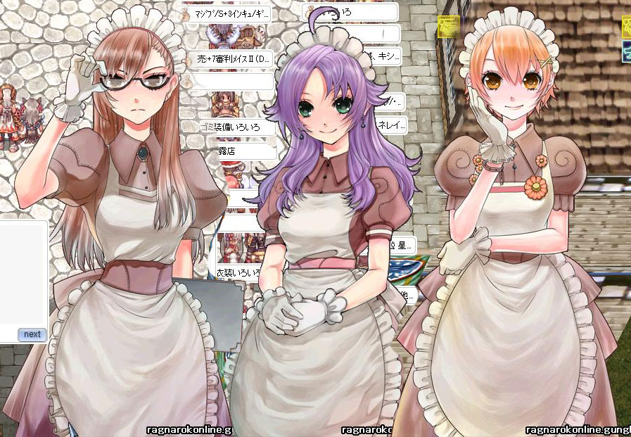 3girls, ahoge, apron, black-framed_eyewear, breasts, brown_dress, brown_hair, brown_sash