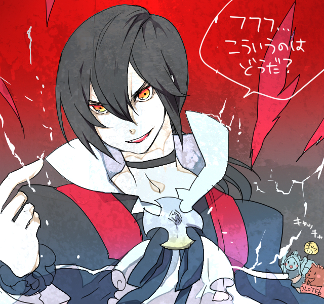 1boy, 1girl, arachne, arthropod_girl, black_choker, black_coat, black_hair, blonde_hair