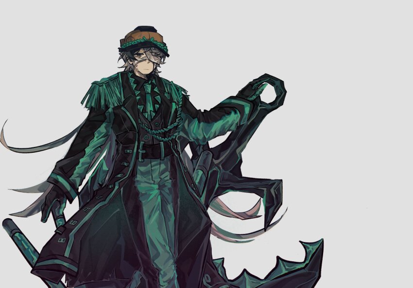 1boy, anchor, aqua_necktie, aqua_pants, belt, bi_qian79294, black_belt, black_coat, black_gloves, black_pants, black_shirt, black_vest, blind_obsession_(e.g.o), brown_eyes, builderman_(roblox), coat, collared_shirt, cowboy_shot, e.g.o_(project_moon), epaulettes, gloves, grey_hair, helmet, highres, limbus_company, long_sleeves, looking_at_viewer, necktie, orange_helmet, pants, project_moon, roblox, shirt, solo, vest