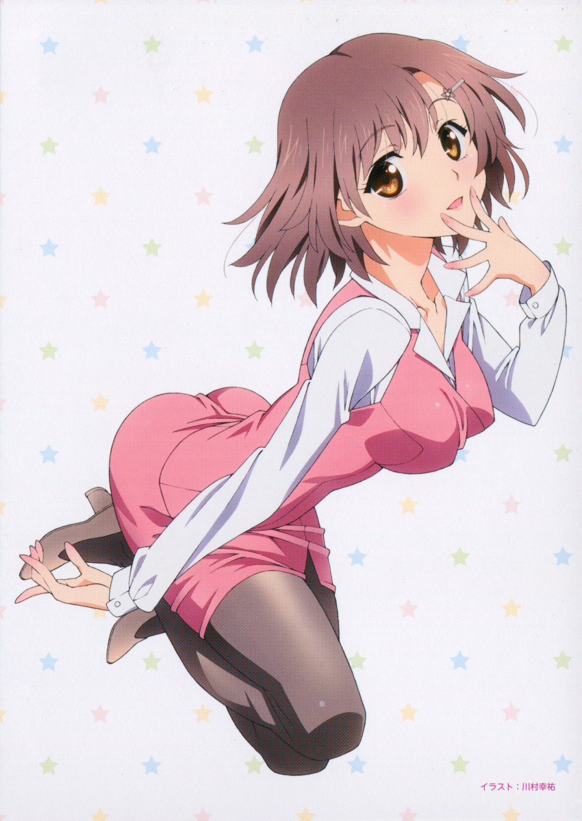 1girl, absurdres, ass, blush, breasts, brown_eyes, brown_hair, brown_pantyhose