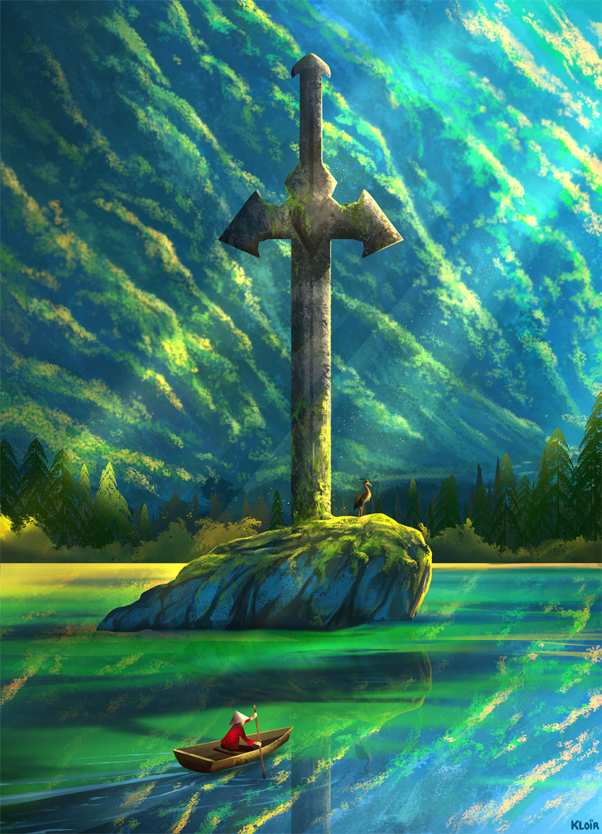 1boy, bird, boat, commentary, english_commentary, forest, grey_heron, hat