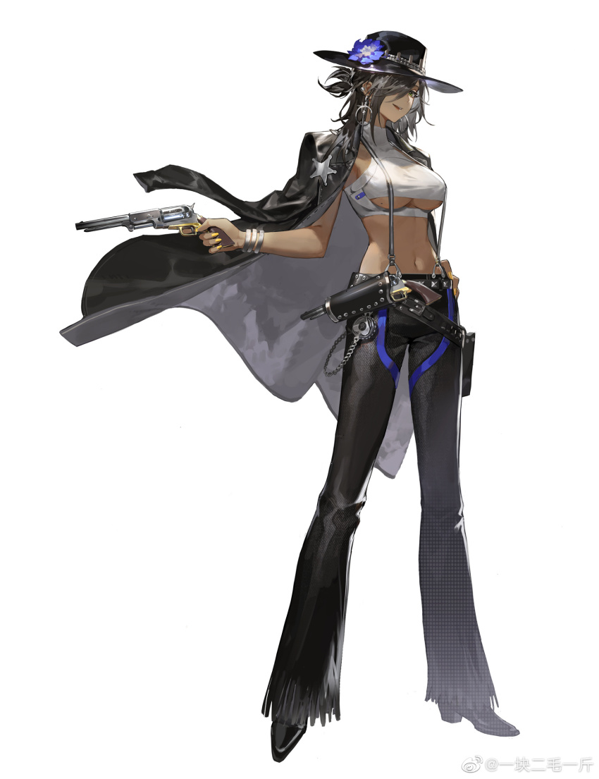 1girl, bean_sprouts_(6651003), black_hair, black_hat, black_jacket, black_pants, breasts, closed_mouth