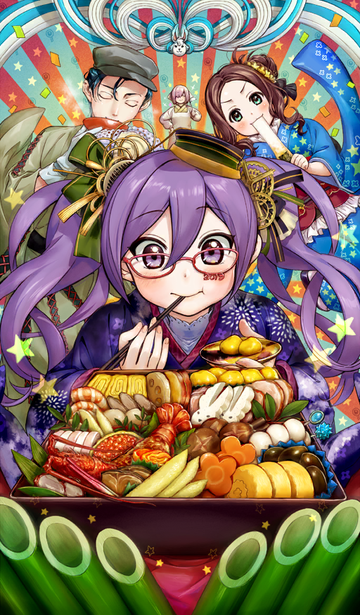 1boy, 2019, 3girls, apron, aqua_eyes, bamboo_shoot, black_bow, black_sash