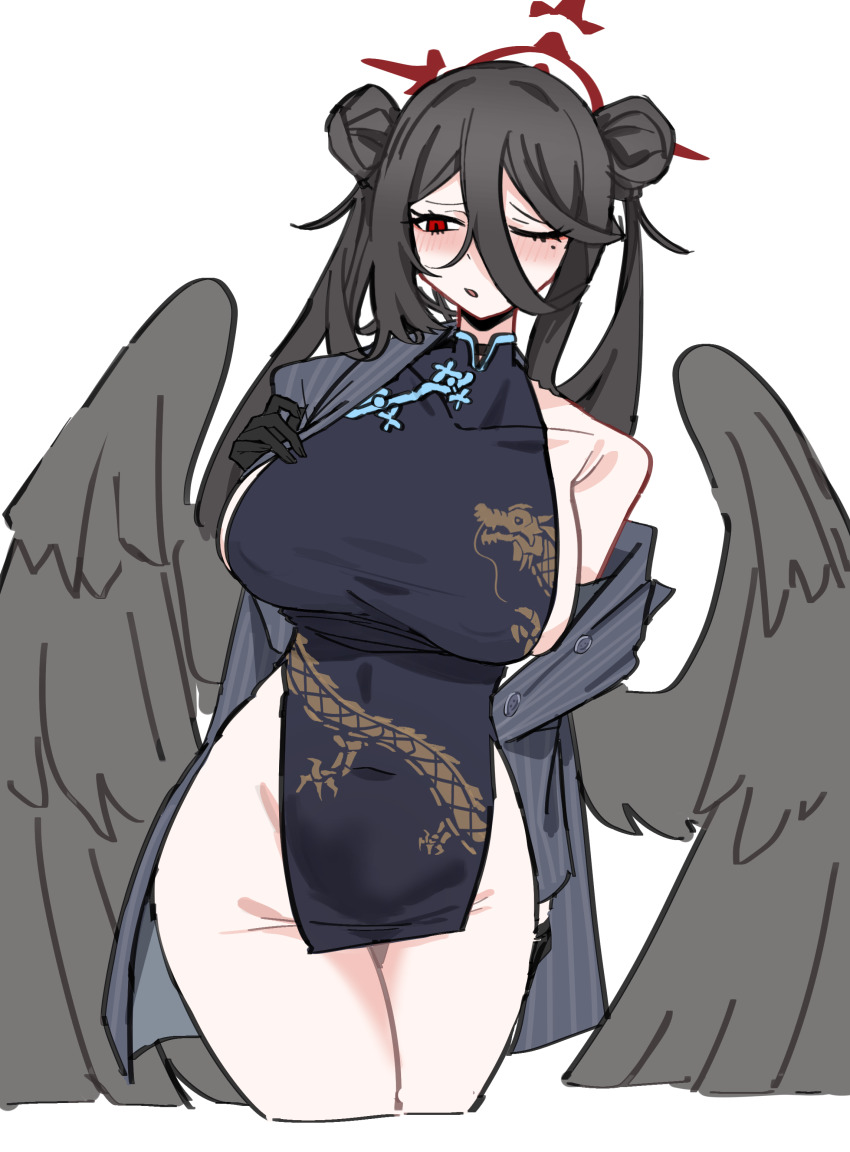 1girl, ;o, absurdres, black_dress, black_gloves, black_hair, blue_archive, blush