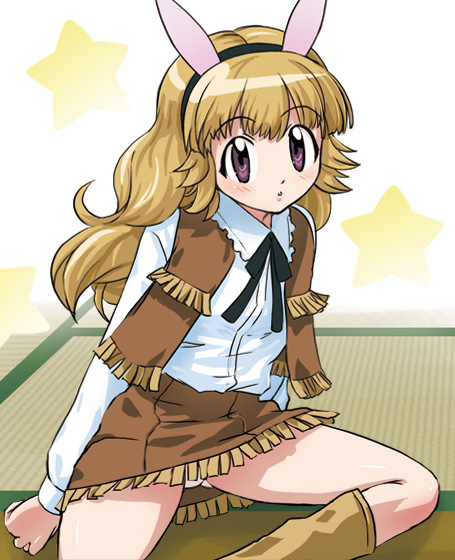 1girl, animal_ears, fake_animal_ears, female_focus, haruyama_kazunori, keroro_gunsou, lavie, panties, pantyshot, rabbit_ears, rabi_(keroro_gunsou), sitting, solo, underwear