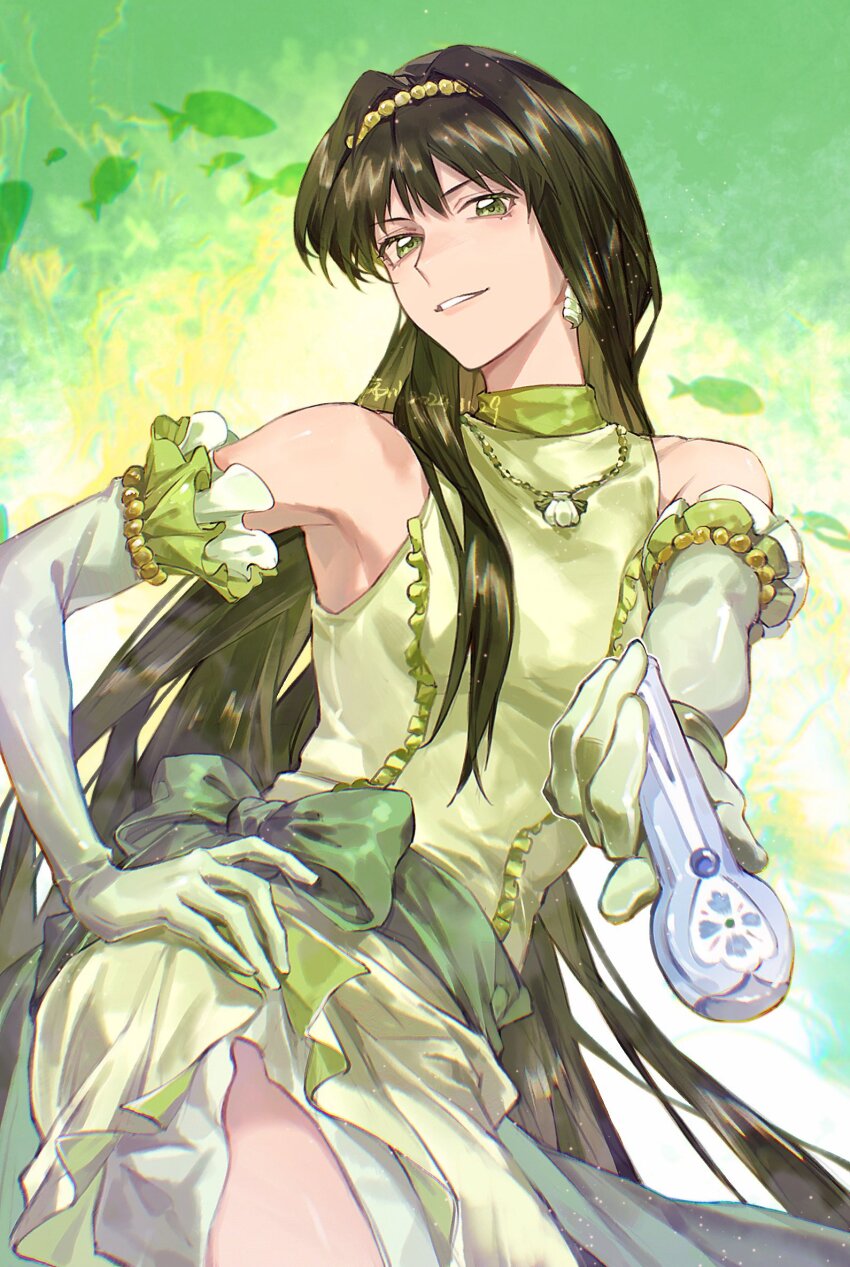 1girl, bare_shoulders, bead_hairband, bow, commentary, cowboy_shot, dress, earrings