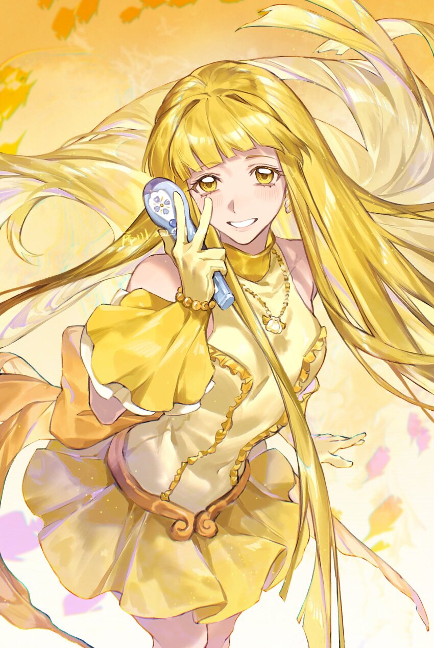 1girl, arm_at_side, back_bow, bare_shoulders, bead_bracelet, beads, blonde_hair, blunt_bangs