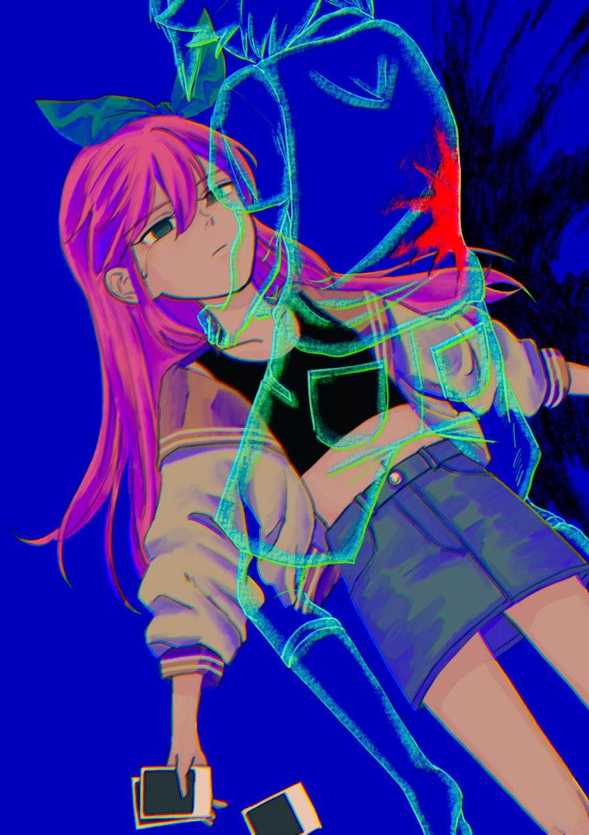 1boy, 1girl, aubrey_(faraway)_(omori), aubrey_(omori), basil_(faraway)_(omori), basil_(omori), blue_skirt, collarbone, crop_top, denim, denim_skirt, highres, holding, holding_photo, jacket, long_hair, long_sleeves, lying, msdnno_kabe, navel, omori, on_back, photo_(object), pink_hair, short_hair, skirt, white_jacket